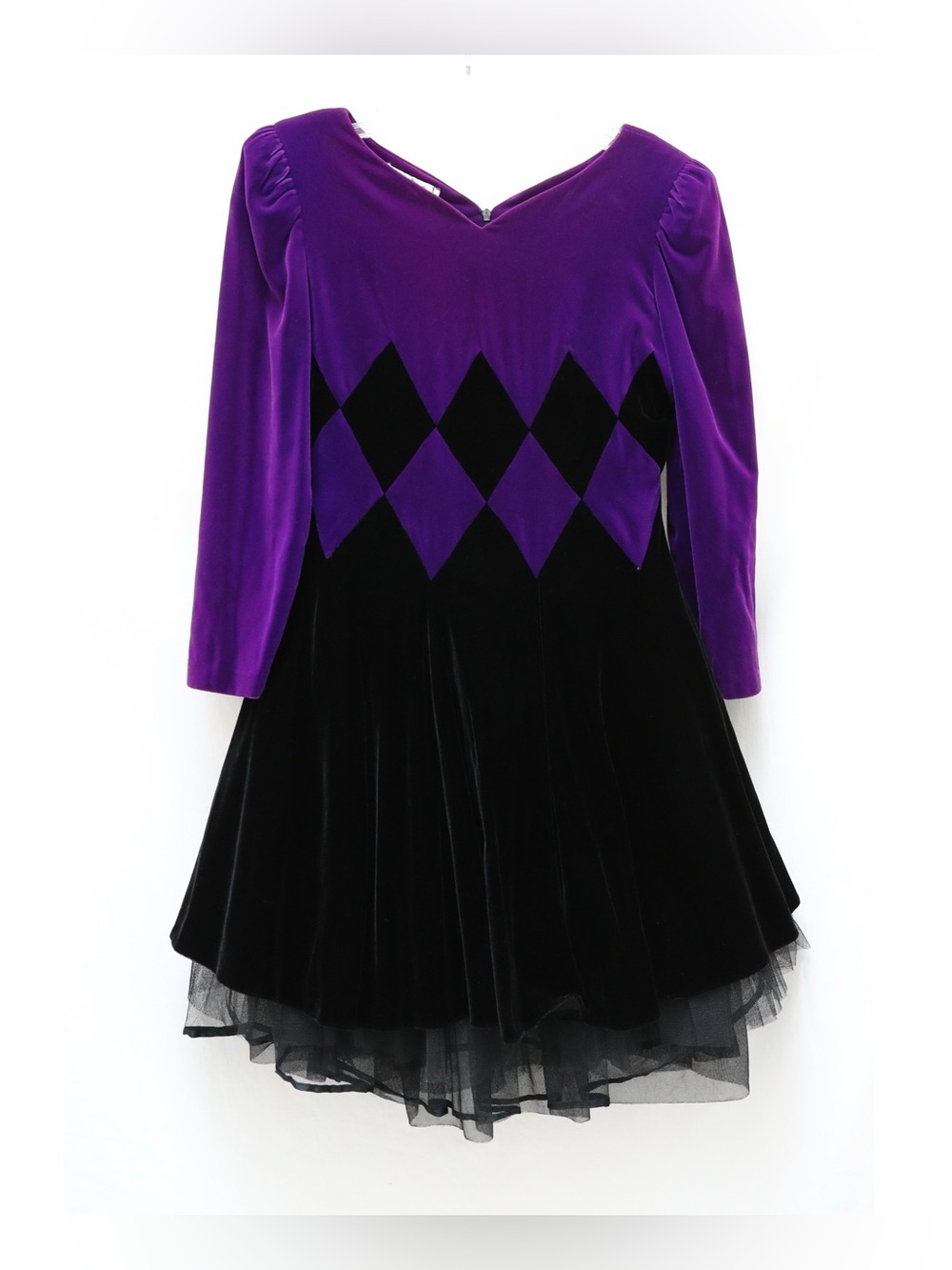 Vintage Komlies red purple velvet dress 1980s harlequin black full skirt mesh M